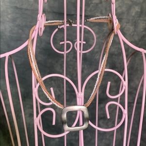 NY silver square & pink & white beaded necklace